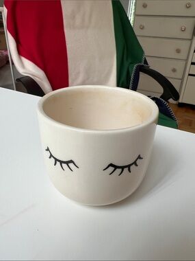 White Ceramic Planter with Eyelash Design